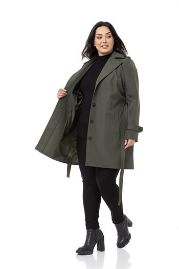 Büyük Beden Fleto Cepli Gizli Düğmeli Apoletli Astarlı Haki Trençkot