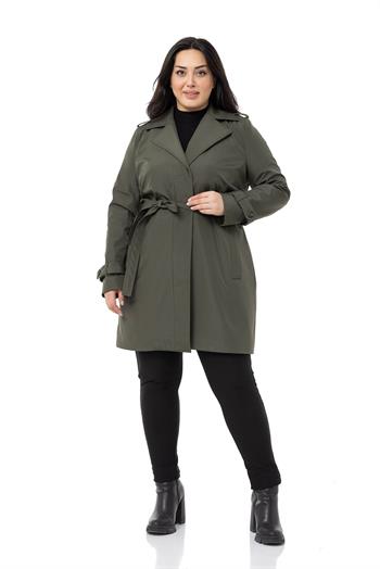 Büyük Beden Fleto Cepli Gizli Düğmeli Apoletli Astarlı Haki Trençkot