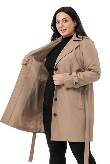 Büyük Beden Fleto Cepli Gizli Düğmeli Apoletli Astarlı Vizon Trençkot