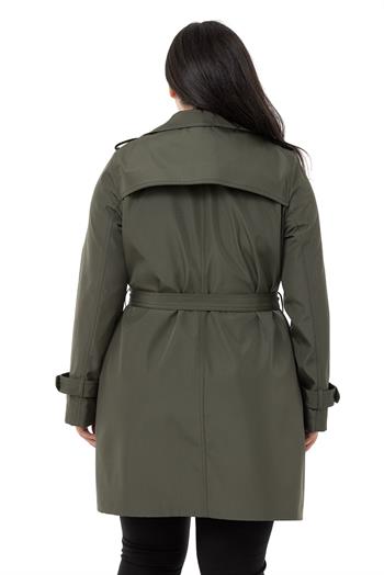 Büyük Beden Fleto Cepli Gizli Düğmeli Apoletli Astarlı Haki Trençkot