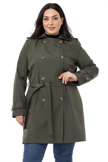 Büyük Beden Kruvaze Fleto Cepli Kuşaklı Apoletli Astarlı Haki Trençkot