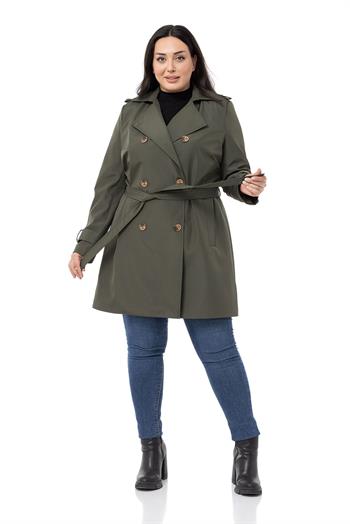 Büyük Beden Kruvaze Fleto Cepli Kuşaklı Apoletli Astarlı Haki Trençkot