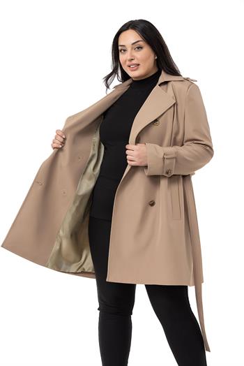 Büyük Beden Kruvaze Fleto Cepli Kuşaklı Apoletli Astarlı Bej Trençkot