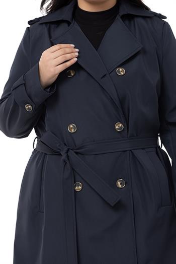 Büyük Beden Kruvaze Fleto Cepli Kuşaklı Apoletli Astarlı Lacivert Trençkot