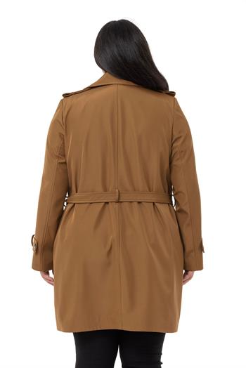 Büyük Beden Kruvaze Fleto Cepli Kuşaklı Apoletli Astarlı Tarçın Trençkot