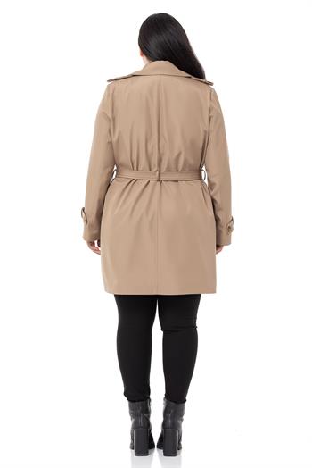 Büyük Beden Kruvaze Fleto Cepli Kuşaklı Apoletli Astarlı Bej Trençkot