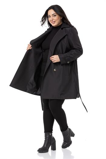 Büyük Beden Kruvaze Fleto Cepli Kuşaklı Apoletli Astarlı Siyah Trençkot
