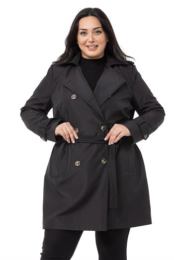 Büyük Beden Kruvaze Fleto Cepli Kuşaklı Apoletli Astarlı Siyah Trençkot
