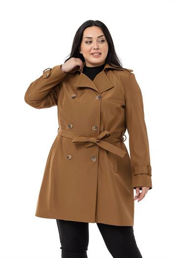 Büyük Beden Kruvaze Fleto Cepli Kuşaklı Apoletli Astarlı Tarçın Trençkot