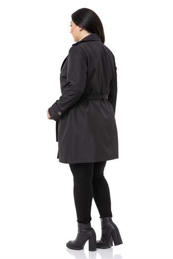 Büyük Beden Kruvaze Fleto Cepli Kuşaklı Apoletli Astarlı Siyah Trençkot