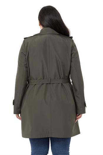 Büyük Beden Kruvaze Fleto Cepli Kuşaklı Apoletli Astarlı Haki Trençkot