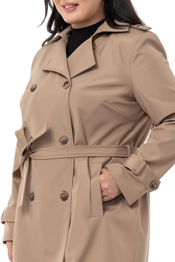 Büyük Beden Kruvaze Fleto Cepli Kuşaklı Apoletli Astarlı Bej Trençkot