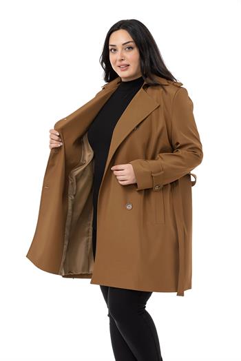 Büyük Beden Kruvaze Fleto Cepli Kuşaklı Apoletli Astarlı Tarçın Trençkot