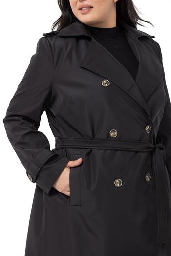 Büyük Beden Kruvaze Fleto Cepli Kuşaklı Apoletli Astarlı Siyah Trençkot