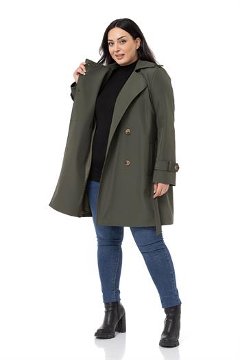 Büyük Beden Kruvaze Fleto Cepli Kuşaklı Apoletli Astarlı Haki Trençkot