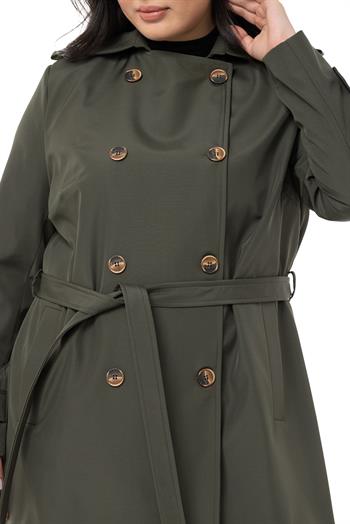 Büyük Beden Kruvaze Fleto Cepli Kuşaklı Apoletli Astarlı Haki Trençkot