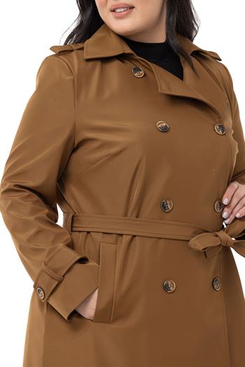 Büyük Beden Kruvaze Fleto Cepli Kuşaklı Apoletli Astarlı Tarçın Trençkot