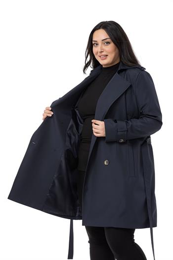 Büyük Beden Kruvaze Fleto Cepli Kuşaklı Apoletli Astarlı Lacivert Trençkot