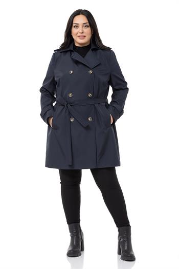 Büyük Beden Kruvaze Fleto Cepli Kuşaklı Apoletli Astarlı Lacivert Trençkot