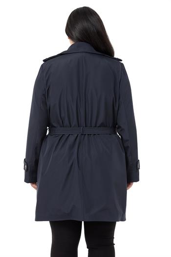 Büyük Beden Kruvaze Fleto Cepli Kuşaklı Apoletli Astarlı Lacivert Trençkot