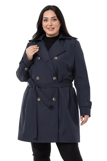 Büyük Beden Kruvaze Fleto Cepli Kuşaklı Apoletli Astarlı Lacivert Trençkot