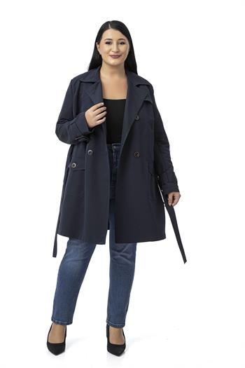 Büyük Beden Kruvaze Kolu Bant Detaylı Cepli Kuşaklı Astarlı Lacivert Trençkot