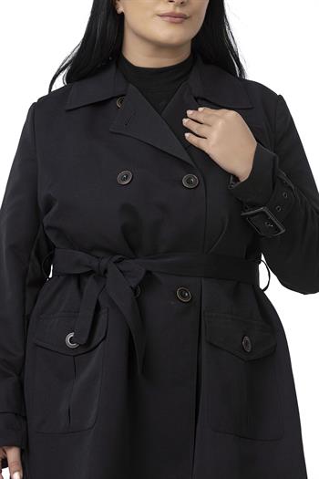 Büyük Beden Kruvaze Kolu Bant Detaylı Cepli Kuşaklı Astarlı Siyah Trençkot