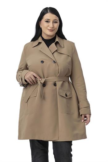 Büyük Beden Kruvaze Kolu Bant Detaylı Cepli Kuşaklı Astarlı Vizon Trençkot