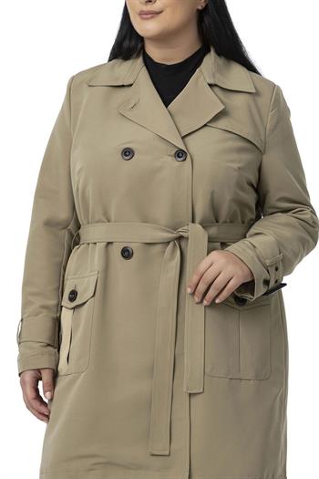 Büyük Beden Kruvaze Kolu Bant Detaylı Cepli Kuşaklı Astarlı Çağla Yeşili Trençkot