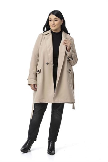 Büyük Beden Kruvaze Kolu Bant Detaylı Cepli Kuşaklı Astarlı Bej Rengi Trençkot