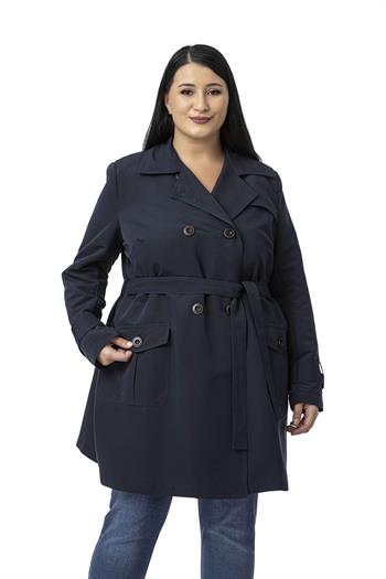 Büyük Beden Kruvaze Kolu Bant Detaylı Cepli Kuşaklı Astarlı Lacivert Trençkot