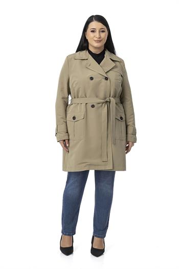Büyük Beden Kruvaze Kolu Bant Detaylı Cepli Kuşaklı Astarlı Çağla Yeşili Trençkot