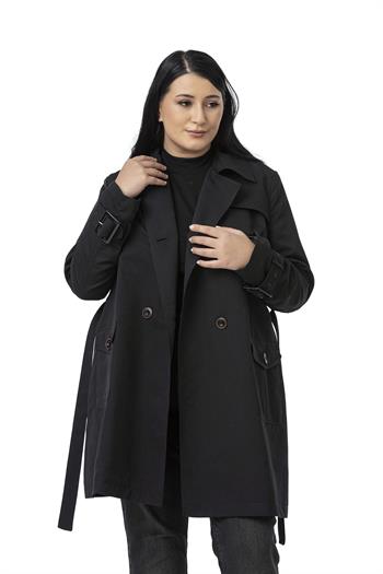 Büyük Beden Kruvaze Kolu Bant Detaylı Cepli Kuşaklı Astarlı Siyah Trençkot