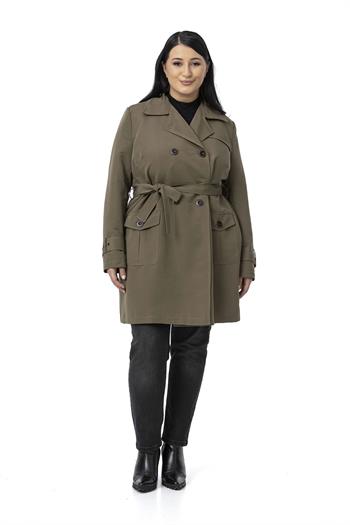 Büyük Beden Kruvaze Kolu Bant Detaylı Cepli Kuşaklı Astarlı Haki Trençkot