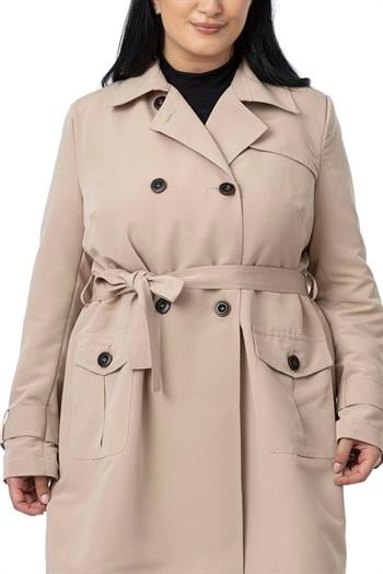 Büyük Beden Kruvaze Kolu Bant Detaylı Cepli Kuşaklı Astarlı Bej Rengi Trençkot