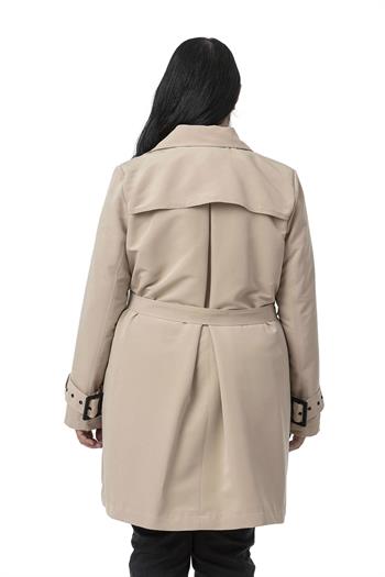 Büyük Beden Kruvaze Kolu Bant Detaylı Cepli Kuşaklı Astarlı Bej Rengi Trençkot
