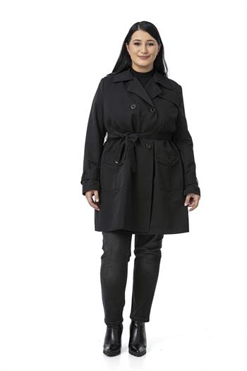 Büyük Beden Kruvaze Kolu Bant Detaylı Cepli Kuşaklı Astarlı Siyah Trençkot