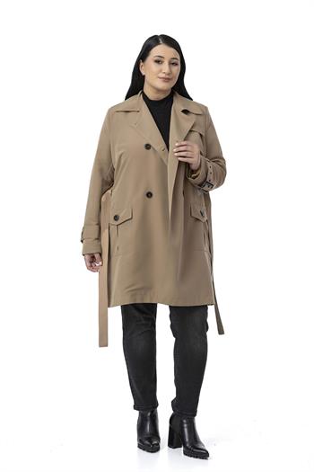 Büyük Beden Kruvaze Kolu Bant Detaylı Cepli Kuşaklı Astarlı Vizon Trençkot