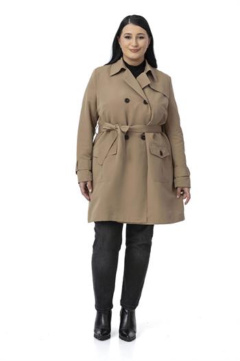Büyük Beden Kruvaze Kolu Bant Detaylı Cepli Kuşaklı Astarlı Vizon Trençkot