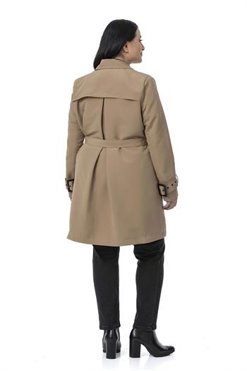 Büyük Beden Kruvaze Kolu Bant Detaylı Cepli Kuşaklı Astarlı Vizon Trençkot