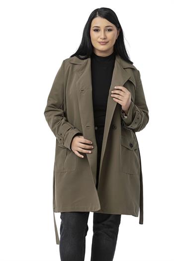 Büyük Beden Kruvaze Kolu Bant Detaylı Cepli Kuşaklı Astarlı Haki Trençkot
