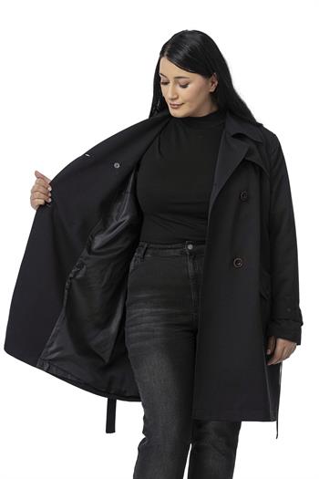 Büyük Beden Kruvaze Kolu Bant Detaylı Cepli Kuşaklı Astarlı Siyah Trençkot