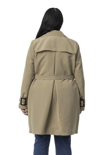 Büyük Beden Kruvaze Kolu Bant Detaylı Cepli Kuşaklı Astarlı Çağla Yeşili Trençkot