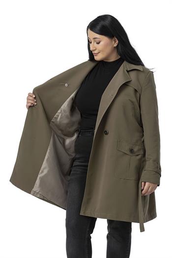 Büyük Beden Kruvaze Kolu Bant Detaylı Cepli Kuşaklı Astarlı Haki Trençkot