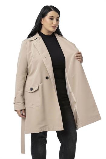 Büyük Beden Kruvaze Kolu Bant Detaylı Cepli Kuşaklı Astarlı Bej Rengi Trençkot