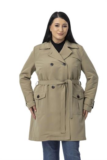 Büyük Beden Kruvaze Kolu Bant Detaylı Cepli Kuşaklı Astarlı Çağla Yeşili Trençkot
