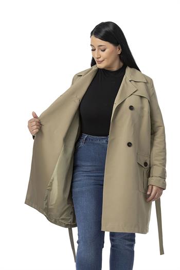Büyük Beden Kruvaze Kolu Bant Detaylı Cepli Kuşaklı Astarlı Çağla Yeşili Trençkot