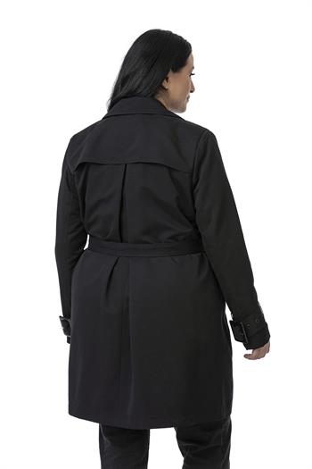 Büyük Beden Kruvaze Kolu Bant Detaylı Cepli Kuşaklı Astarlı Siyah Trençkot