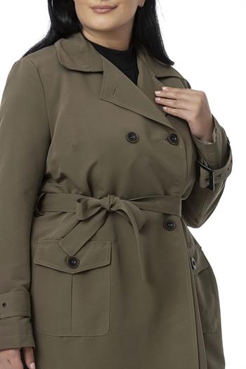 Büyük Beden Kruvaze Kolu Bant Detaylı Cepli Kuşaklı Astarlı Haki Trençkot