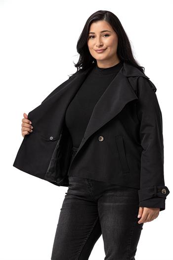 Büyük Beden Mono Yaka Apoletli Cepli Oversize Astarlı Siyah Kısa Trençkot 